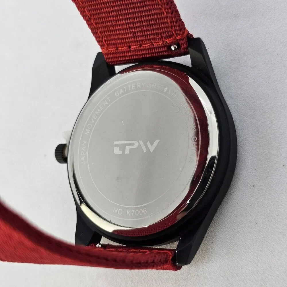 Men's Field Military Watch 42MM Black‎ Case Black Dial Red Canvas Band Straps